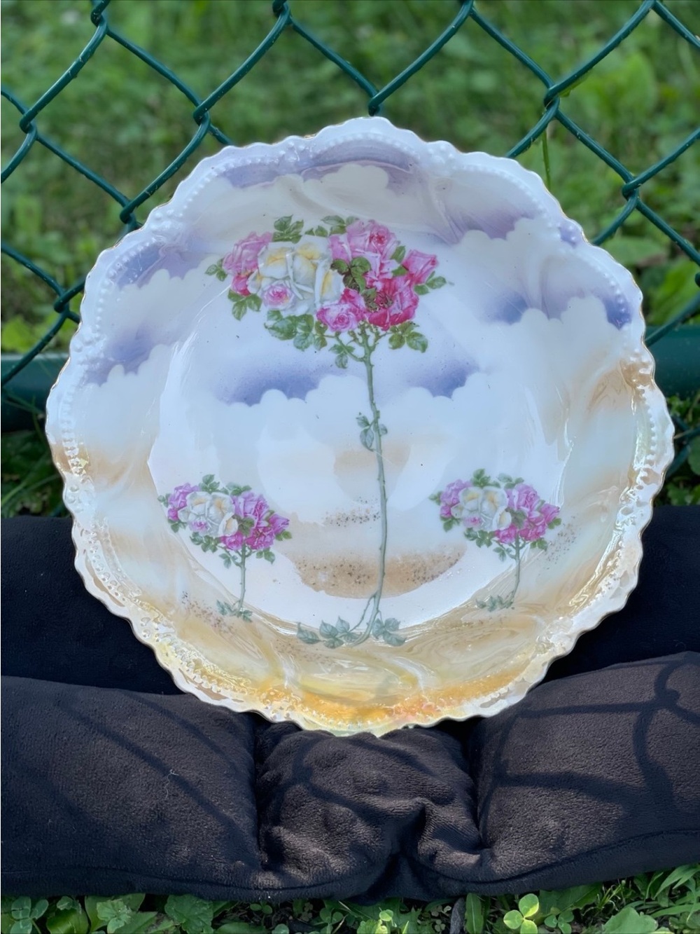 Antique Porcelain Leuchtenburg Germany  Pink Climbing, Roses 10” Serving Bowl
